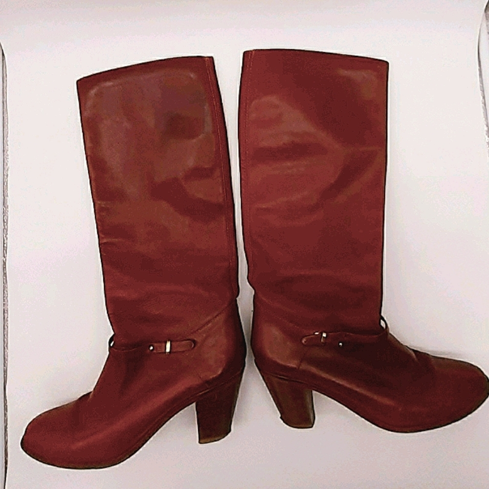 8.5 Tall Tobacco Leather Boots Stacked Heel